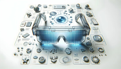 Futuristic Holographic Glasses with Floating Text Symbols for Augmented Reality Education - White Background Photo Stock Concept with Copy Space