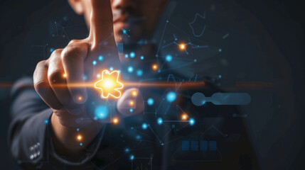 A man is pointing at a glowing yellow star in a blue background