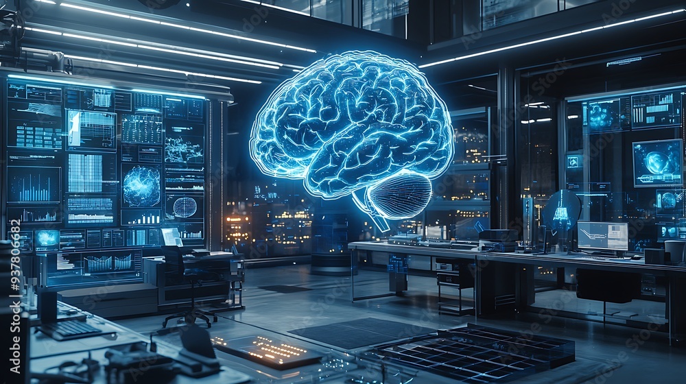 Poster futuristic office with holographic brain and digital interfaces, representing the cutting-edge techn