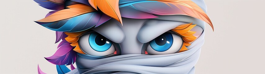 A vibrant, stylized character with striking blue eyes and colorful hair, partially obscured by a scarf, exuding an air of mystery and intrigue.