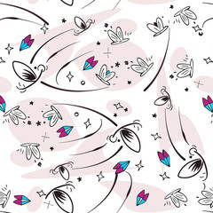Seamless abstract pattern with natural elements, butterflies, birds in white, black and pink tones