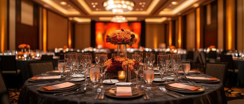 Elegant banquet setup featuring beautifully arranged tables, floral centerpieces, and a warm ambient glow for a special event.