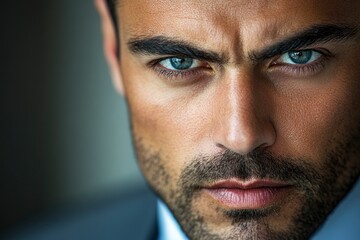 Fototapeta premium Close-up of a handsome Dubai businessman with a serious and intense expression. He is wearing a business suit. His eyes are focused, giving the impression of urgency or attention with generative ai