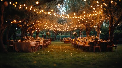 Enchanting outdoor dinner setup with string lights, set among trees, creating a magical ambiance for celebrations.