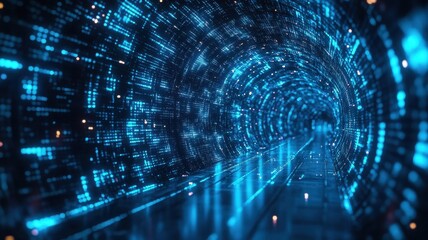 Futuristic digital tunnel with glowing blue lights and data streams creating a mesmerizing visual effect.