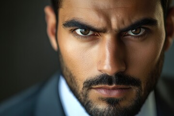 Close-up of a handsome Dubai businessman with a serious and intense expression. He is wearing a business suit. His eyes are focused, giving the impression of urgency or attention with generative ai