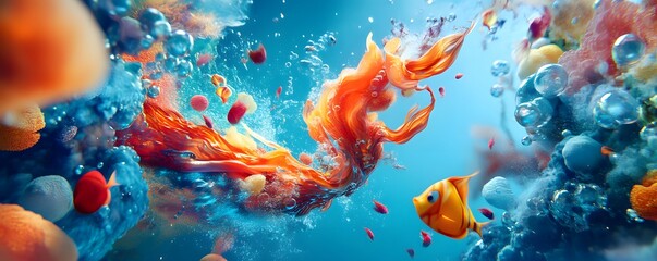 Abstract Underwater Scene with Fish and Bubbles.