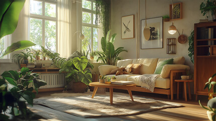 Obraz premium Cozy Living Room with Warm Natural Lighting and Wooden Furniture