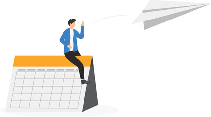 a man in a business suit is sit on a calendar with a torn sheet and starting a paper airplane,

