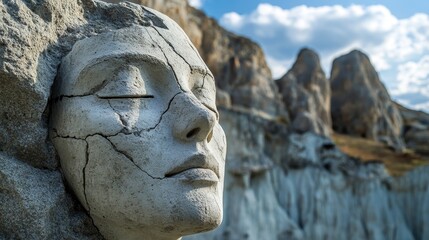 Obraz premium Stone Face Sculpture in Mountain Landscape - A close-up shot of a stone sculpture of a face emerging from a rocky cliff, symbolizing nature, art, creation, resilience, and human spirit.