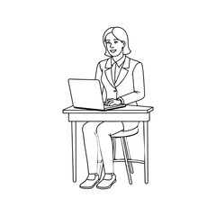 Person working in office with laptop line art