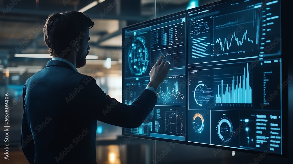Poster businessman analyzing data on a large interactive screen