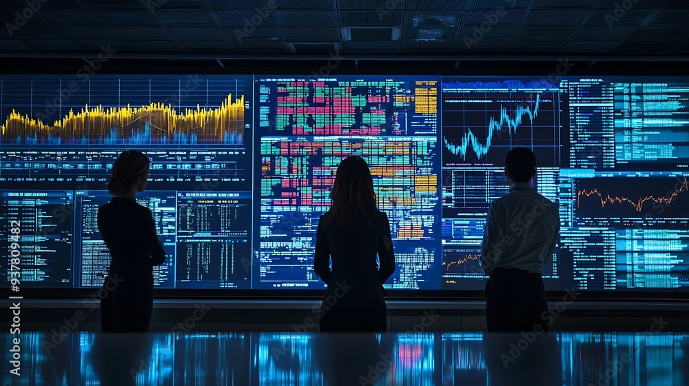 Poster businesspeople analyzing stock market data on large screen, capturing the precision and focus requir