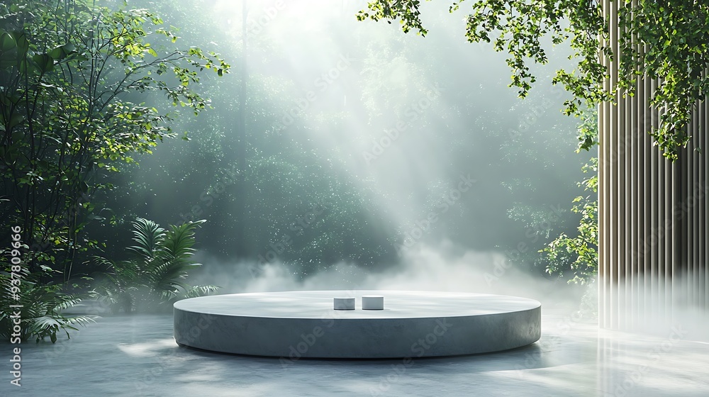 Poster minimalist round pedestal in a mystical foggy forest, creating a visually striking and serene enviro