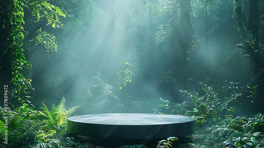 Poster mystical jungle scene with stone platform, creating a visually rich and enchanting environment that 