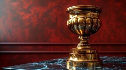 Elegant golden trophy on a luxurious marble table against a rich red textured background