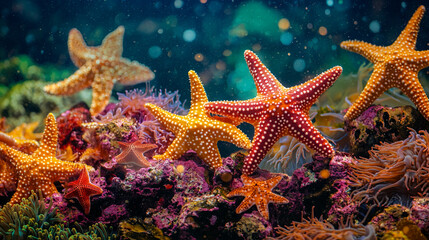  A group of starfish resting on a coral reef cute