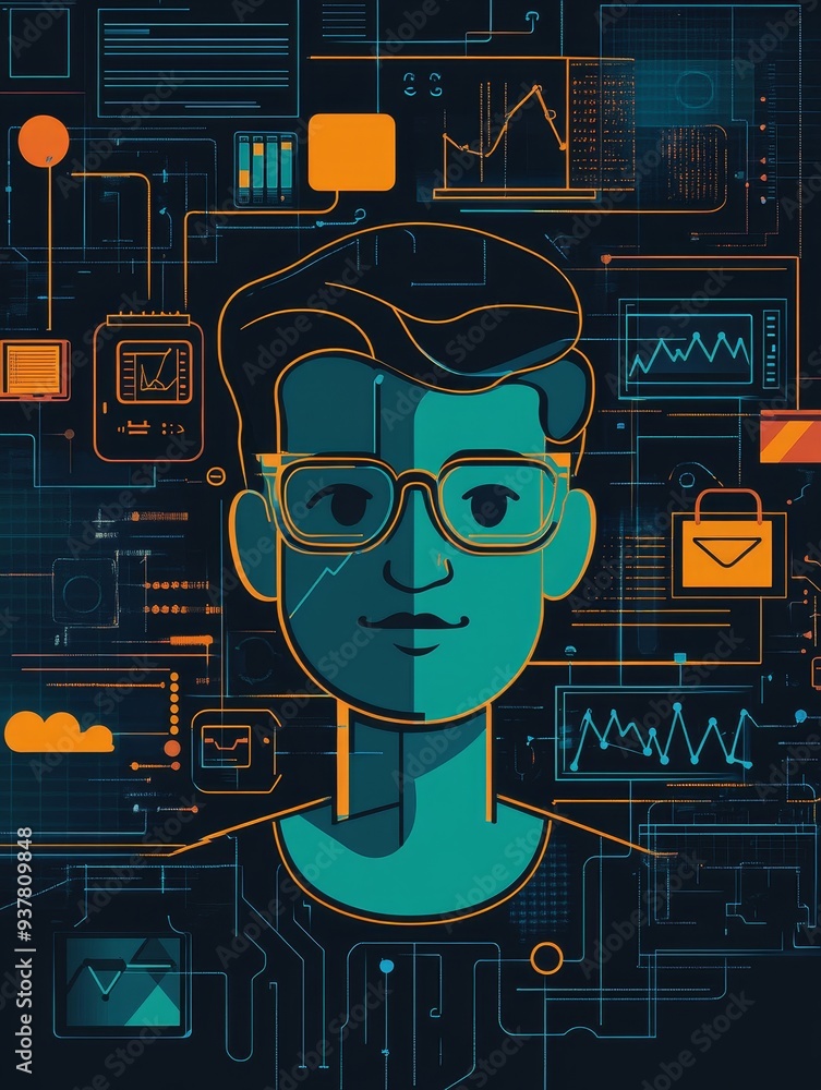 Poster the future of technology: man with glasses in a world of data and code - a stylized illustration dep