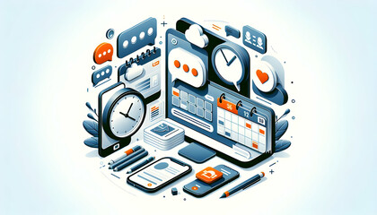 Modern Online Collaboration Tools Vector Illustration for Team-based Education Projects - Isolated Chat Bubble and Calendar Design on White Background | Photo Stock