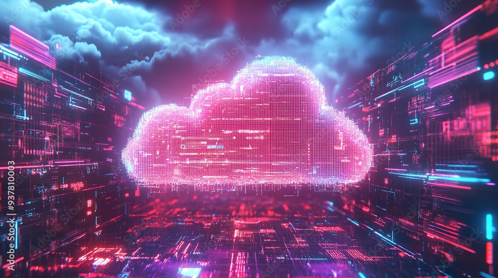 Poster digital cloud on a circuit board background, glowing elements, concept of cloud computing. generativ