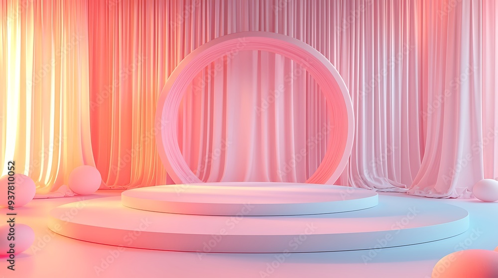 Poster minimalist pink stage with arch and curtains for product display, creating a visually striking and e