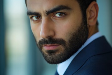 Obraz premium Close-up of a handsome Dubai businessman with a serious and intense expression. He is wearing a business suit. His eyes are focused, giving the impression of urgency or attention with generative ai
