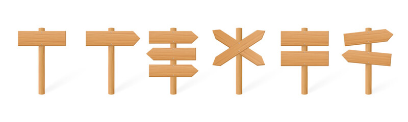 Realistic set of wooden sign posts. Vector illustration of blank rectangular signboards for pointing direction or name. Game ui design element