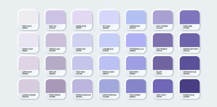 Purple Color Guide Palette with Color Names. Catalog Purple Samples with RGB HEX codes and Names. Vector EPS 10