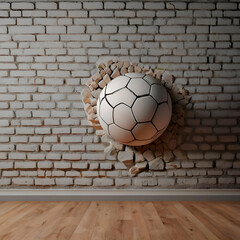 a soccer ball is in a hole in a wall with a hole in the middle.