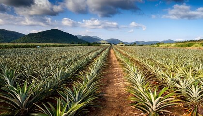 Pineapple plantation with rows of plants.