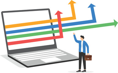 multicolored arrows flying out of the laptop screen and rejoicing men in business suits

