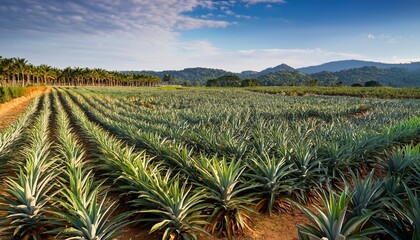 Pineapple plantation with rows of plants.