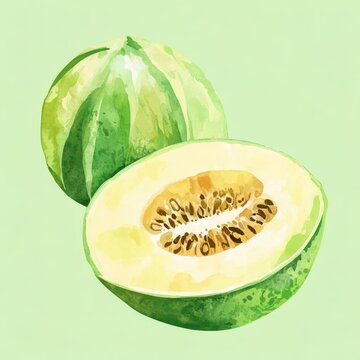 recommend clip art: Honeydew illustration flat design, top view, summer theme, watercolor, Triadic Color Scheme