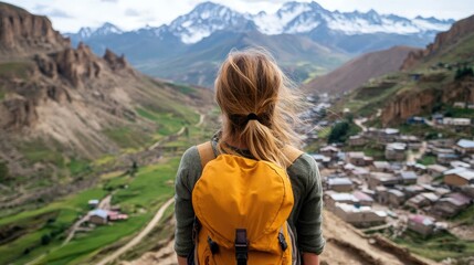 Naklejka premium Solo female traveler exploring a remote mountain village during her journey