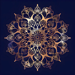 Elegant Golden, Blue Metal Mandala on Dark Background: High-Definition Vibrant Abstract Colorful Floral with Ornamental Patterns. 3D Mandala Design.