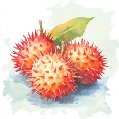 Rambutan illustration flat design, front view, exotic theme, watercolor, Complementary Color Scheme