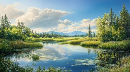 Fototapeta premium Tranquil River Flowing Through Lush Green Meadow With Mountain Range In The Distance - A serene river meanders through a vibrant green meadow, surrounded by lush trees, signifying tranquility, natural