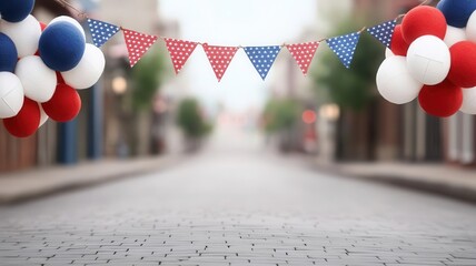 A quiet street in a small town, lined with patriotic Labor Day decorations, emphasizing community and workers spirit