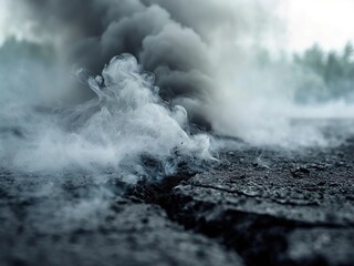 A cloud of smoke rising from the ground, covering a cracked asphalt road.