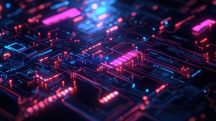 Obraz premium High-tech cyber pulse effect with vibrant, pulsating lights and circuit patterns on a sleek, dark surface.