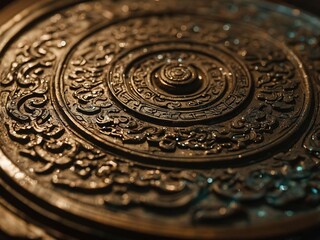 Obraz premium A close-up view of a bronze gong with intricate carvings. The gong has a circular shape and is decorated with a repeating pattern of concentric circles and stylized floral motifs.