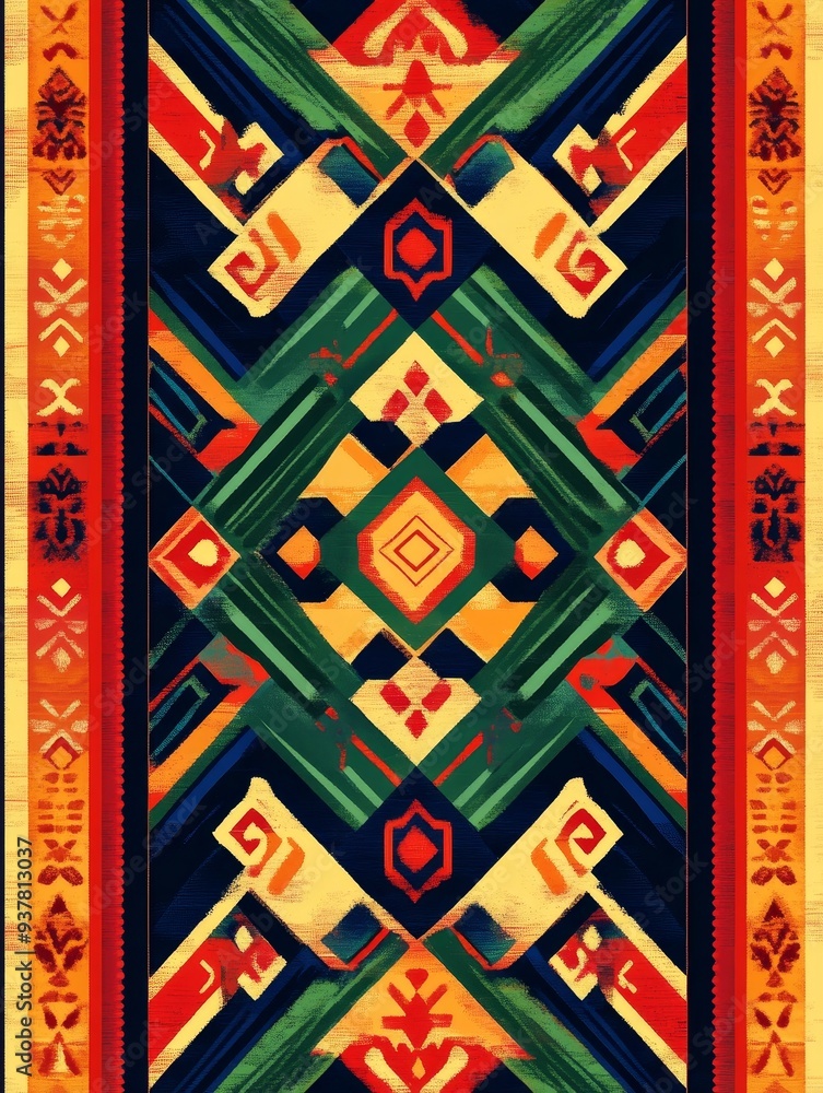 Poster vibrant geometric abstract pattern in red, yellow, and green - a captivating abstract pattern featur