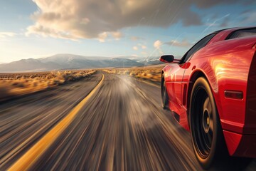 A red sports car is speeding down a road with a mountain in the background