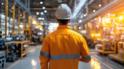 Engineer walking through a factory with machinery and equipment