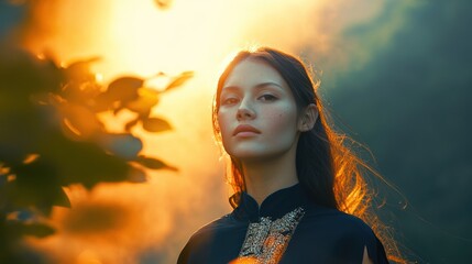 Woman in Sunlit Garden - A woman stands gracefully in a sunlit garden, her face illuminated by the warm, golden light of the setting sun.