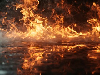 A fiery blaze with smoke rising up against a black background and reflecting off of a wet surface.