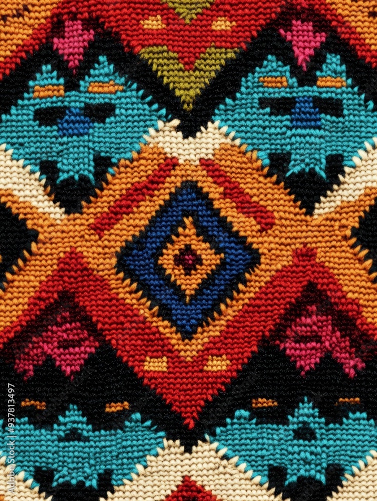 Aufkleber vibrant knitted geometric pattern - a close-up of a knitted fabric with a colorful geometric pattern