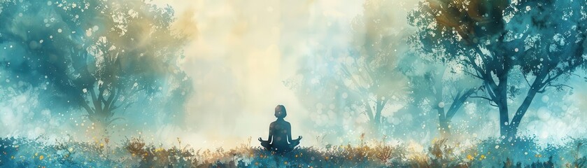 Obraz premium Person meditating in a peaceful garden, Fantasy, Soft, Watercolor, Emphasizing tranquility and mindfulness