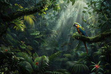 A colorful parrot is perched on a tree branch in a lush jungle