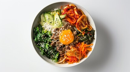 A bowl of food with a fried egg on top
